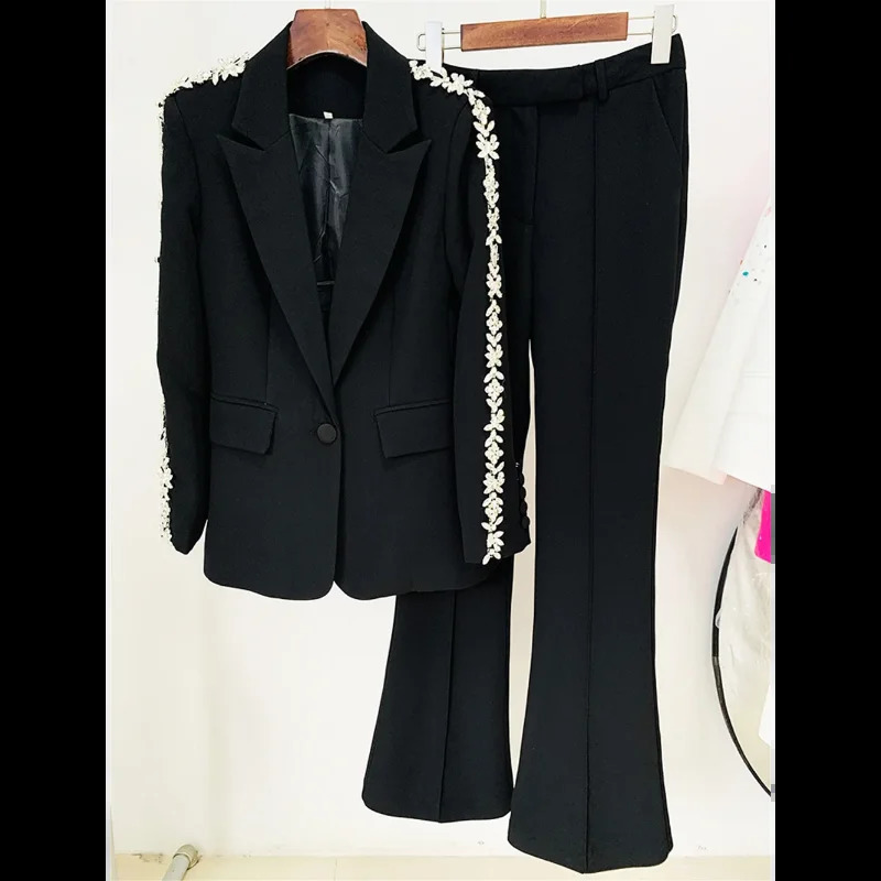 y womens formal pants set black and white diamond crystal slim fit jacket sparkling office business twopiece 240823