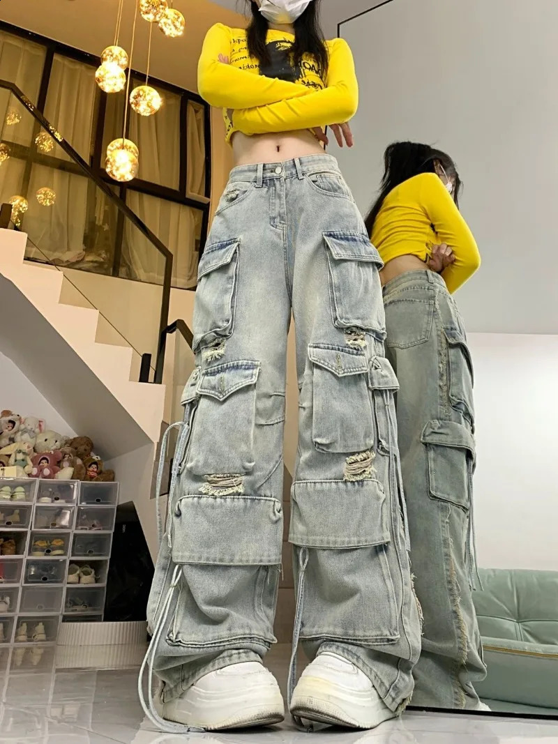 American Spice Girl Heavy Industry High Street Multi-Pocket Wide Leg Hip Hop Jeans Y2K High Waist Baggy Straight Pants 240822