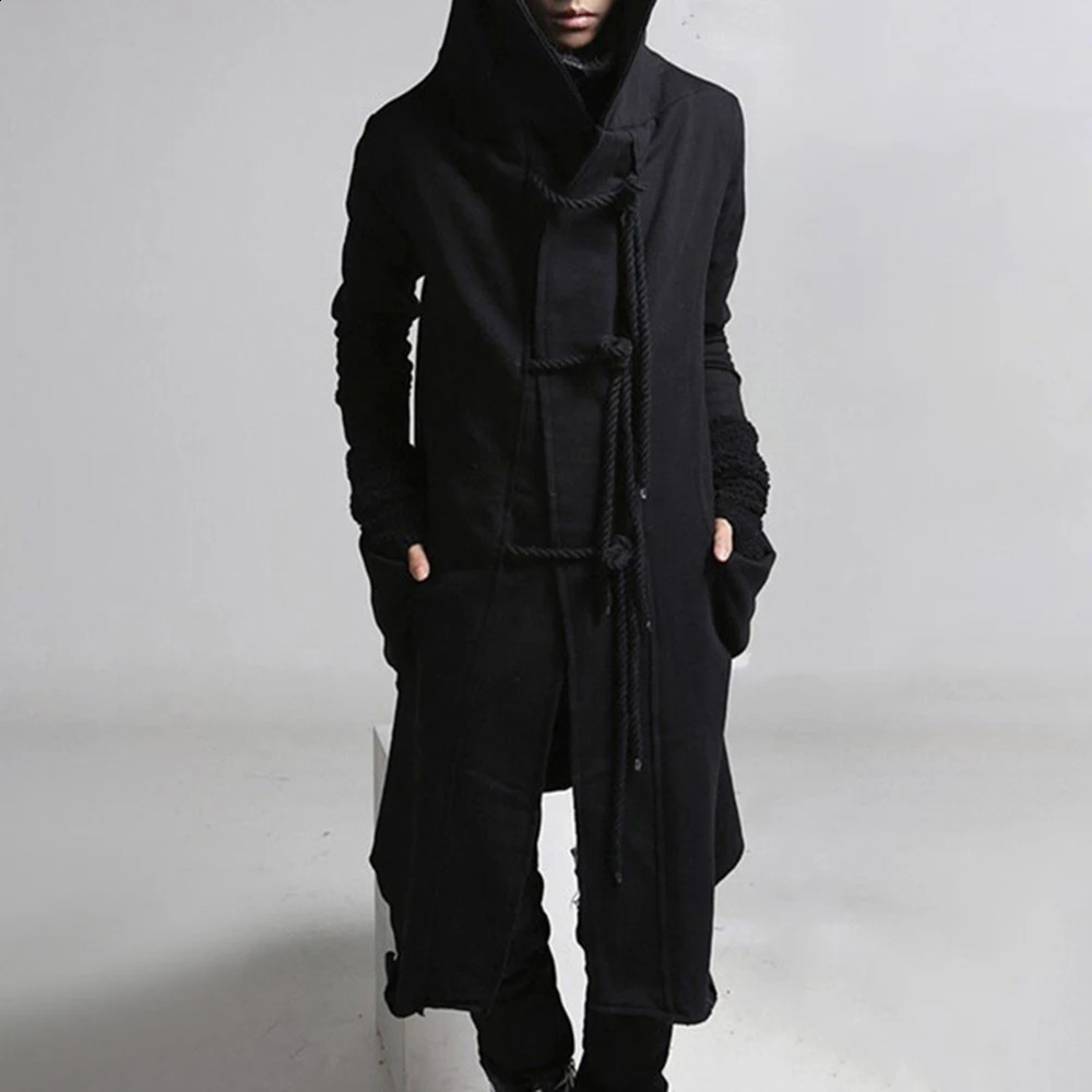Mens Trench Coat Korean Style Dark Style Autumn And Winter Handsome Windbreaker Hip-Hop Mid-Length Trendy Mens Hooded Sweatshirt 240822
