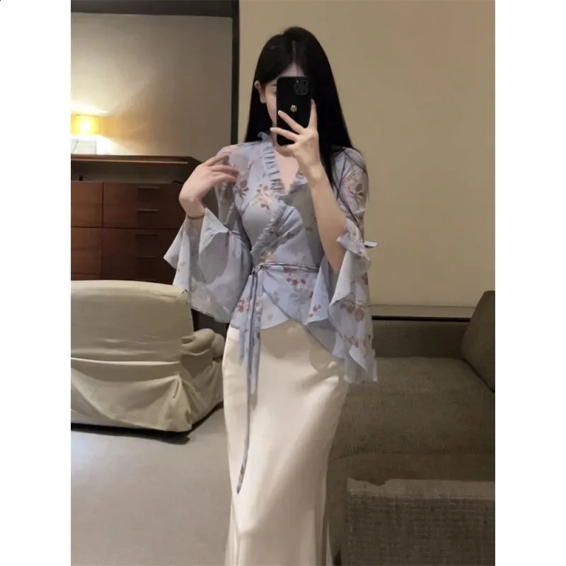 Elegant High-waisted Slimming Solid Color Top Side Slits Summer Fashion Versatile Skirt Set For Women 240823