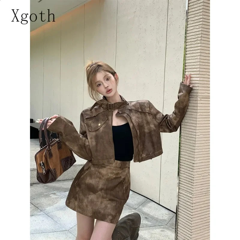 Womens Skirts Set Stand Neck Long Sleeve Zipper JacketHigh Waist A-Line Short Skirt Leather Halo Dyed Two-Piece Ladys Clothes 240823