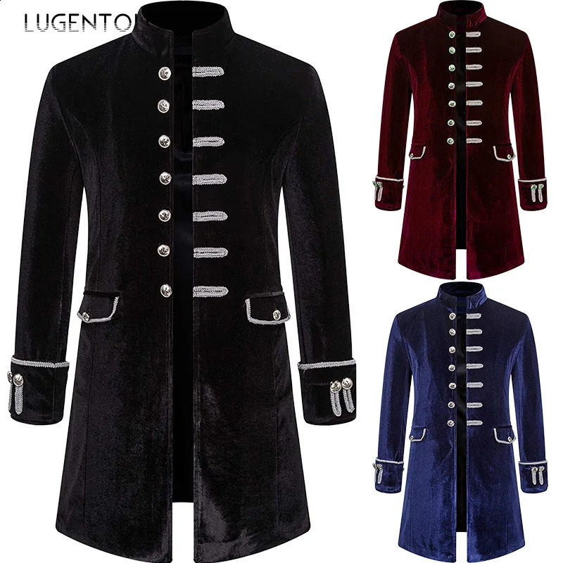 Men Steampunk Coat Fashion Party Medieval Vintage Velvet Uniform Stand Collar Mens Gothic Jacket Single-breasted Solid Trench 240822