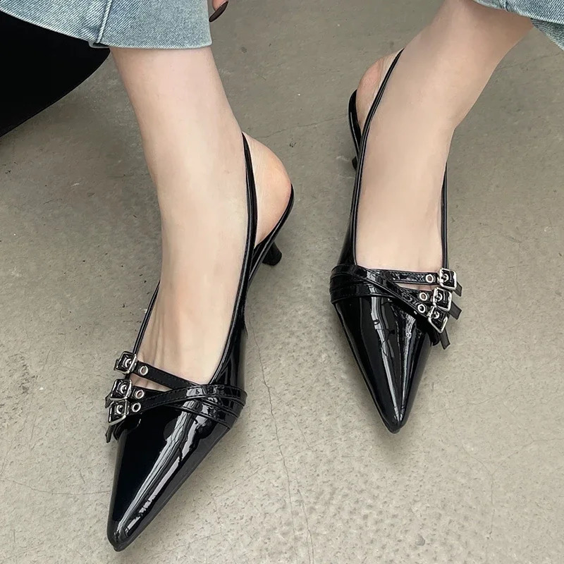 Large size womens Pointed shoe upper pump boots for women 2024 fashion metal buckle womens red shoes 240823