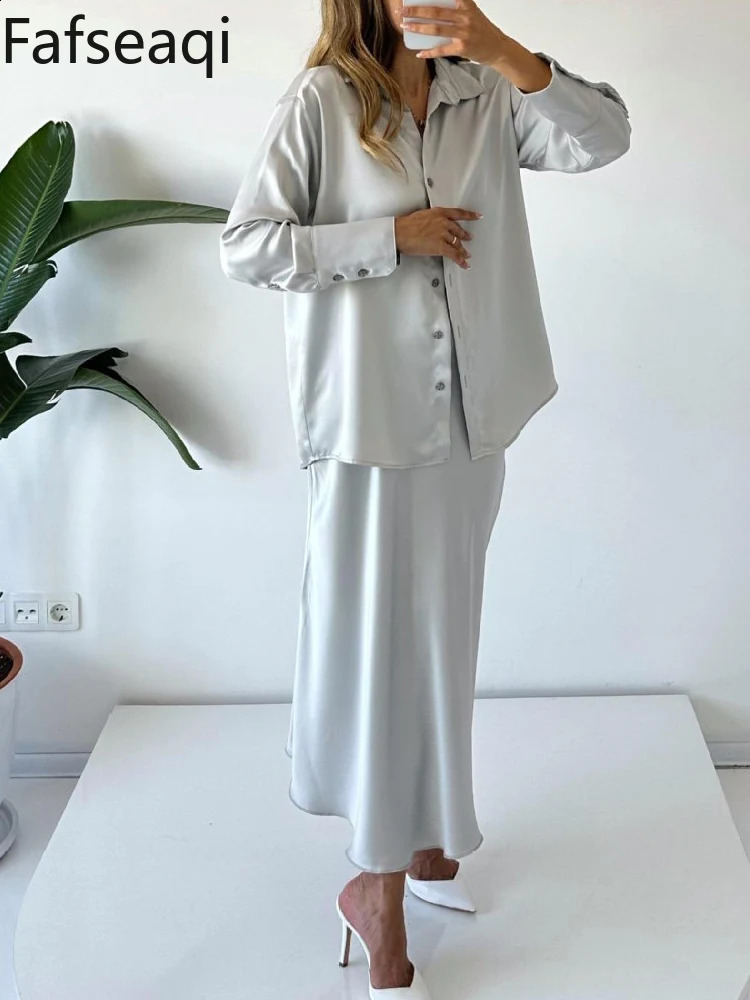 INS Satin Skirt Suit Set for Women Spring Elegant Office A-line Skirts Buttons Shirt Two-piece Set Womens Tracksuit Outfit 240823