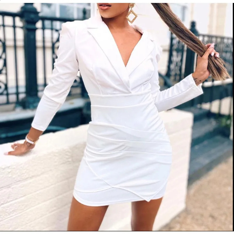 Trend Long Sleeve Sheath Dress Women Solid Color One-Step Slim Fit Suit Collar Dresses High Waist Office Lady Mini Sexy Dress 240823