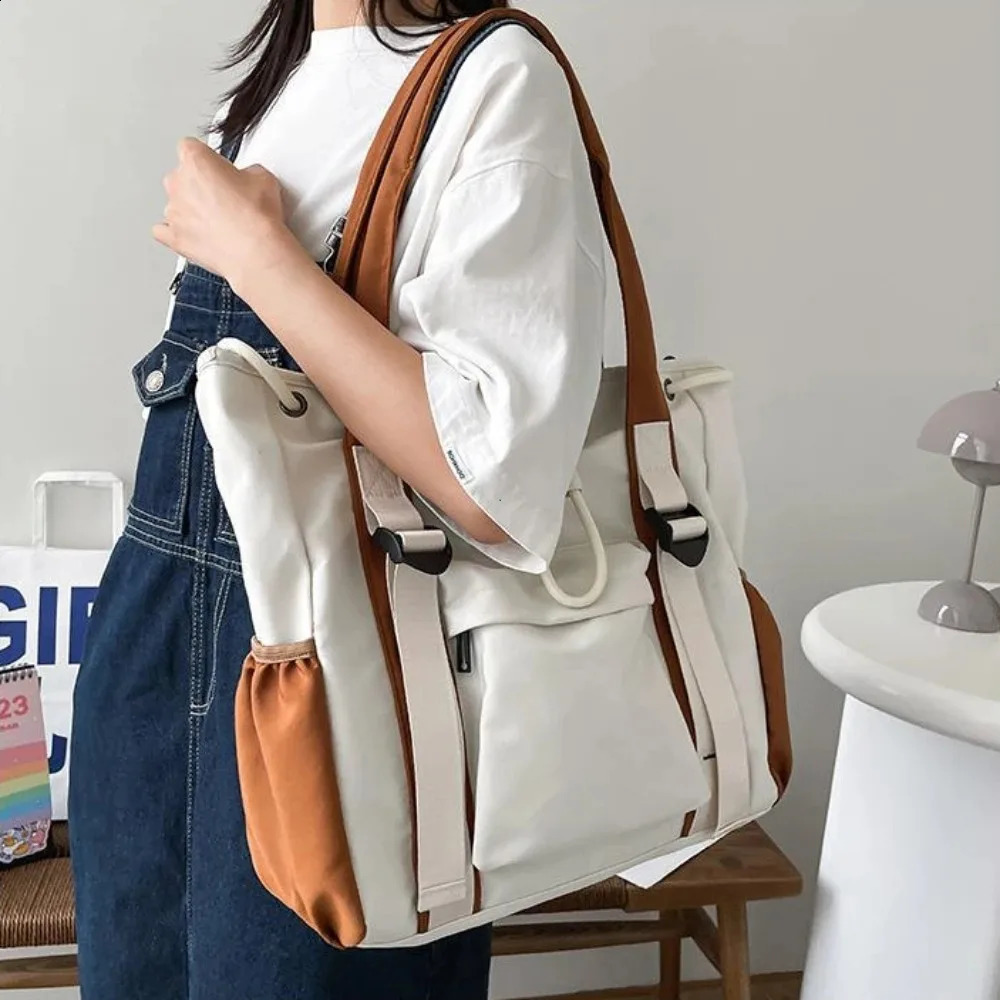 Splash proof Nylon Fabric Shoulder Crossbody Bags For Women Multi-pocket Drawstring Tote Bag Large Capacity Student Book Handbag 240823
