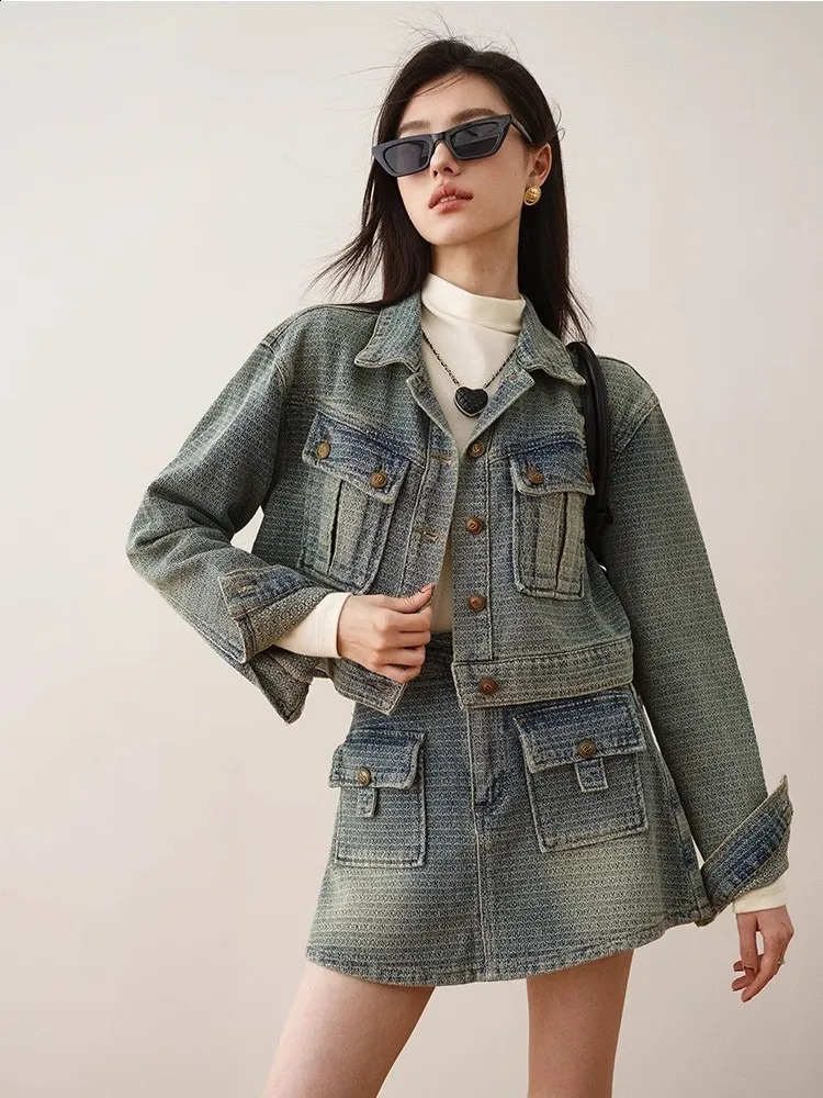 Womens cow fashion set retro n short jacket casual slimming short skirt two-piece set 240823
