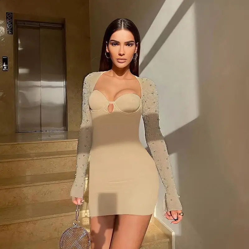 Slim Sexy Chest Bag Hip Skirt Fashion Beaded Long Sleeve Temperament Slim Dress Woman 240823