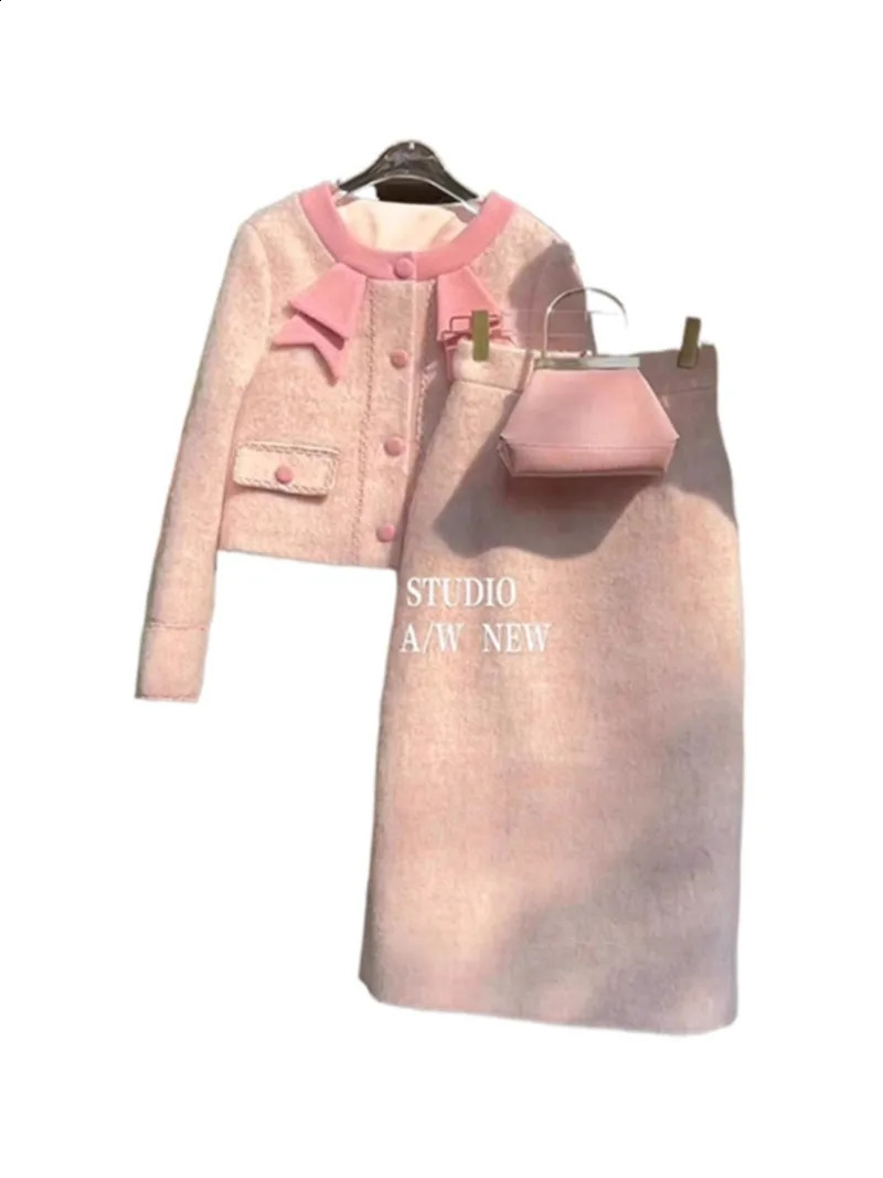 French Sweet Temperament Coat A-line Skirt Two Piece Set Women Fashion Single Breasted Gentle Thicken Spring Chic Slim Suit 240823