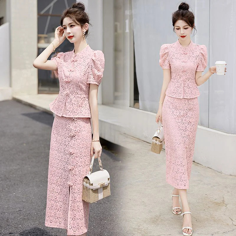 Lace Skirt Set Womens Summer Social Style French Hollow Out Short Sleeved Top Embroidered Youth Style Two-piece Set E989 240823