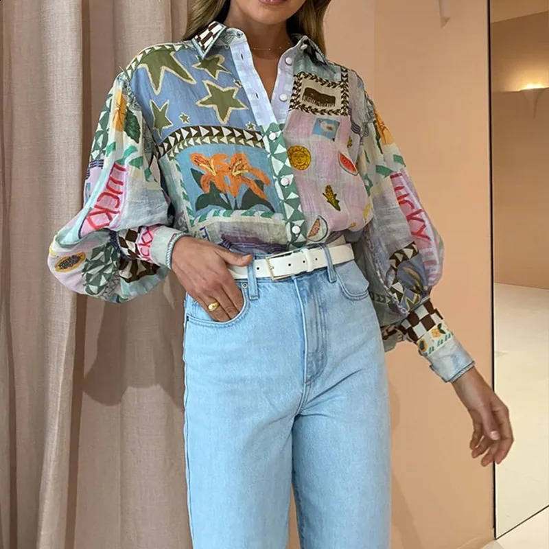 Womens Shirt Style Elegant Polo Neck Long Sleeve Fashion Print Colored Painting Casual Loose Womens Long Sleeve Tops 240823