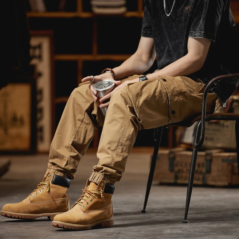 Spring and Autumn Mens Heavy Duty Work Pants American Fashion Loose Fit Casual Multi Pocket 240823
