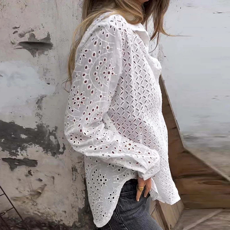 Sexy Hollow Out Embroidery Crochet Blouses Women Spring Solid Long Sleeve Jacquard Top Summer Loose Single Breasted Lapel Shirt 240823