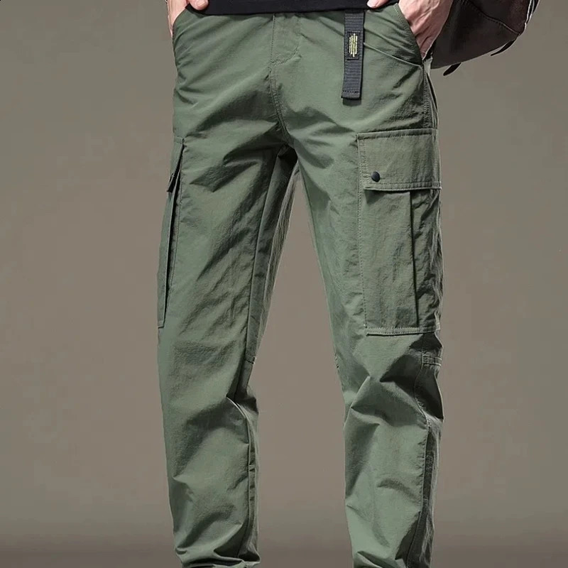 SpringSummer Solid Color Elastic Waist Brushed Mens Pocket Chaopai Bound Feet Casual Thin Cargo Pants 240823