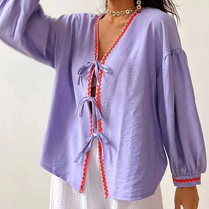 Autumn Fashion Lantern Long Sleeve Shirt Elegant Womens Vneck Lace Bow Top Spring Comparison Printed Loose Street 240822