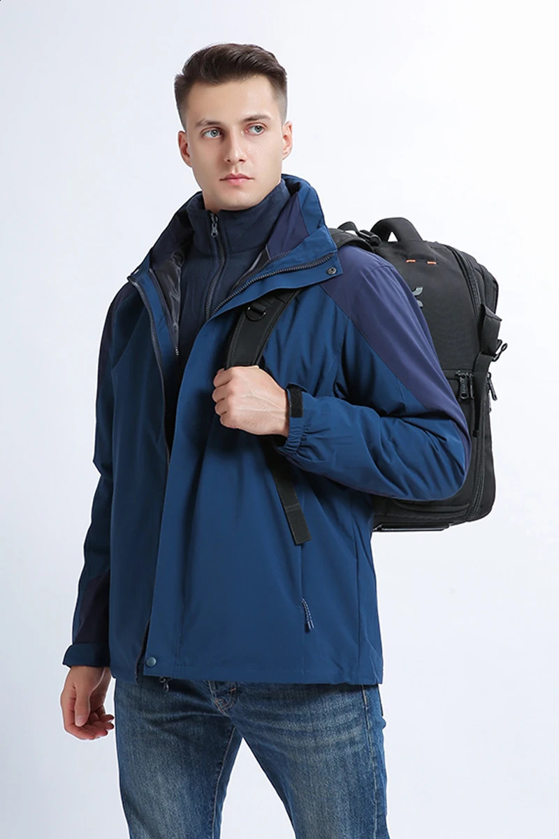 Two piece 3in1 mens outdoor hiking jacket autumn military multi pocket tactical fishing waterproof hooded wool park 240822