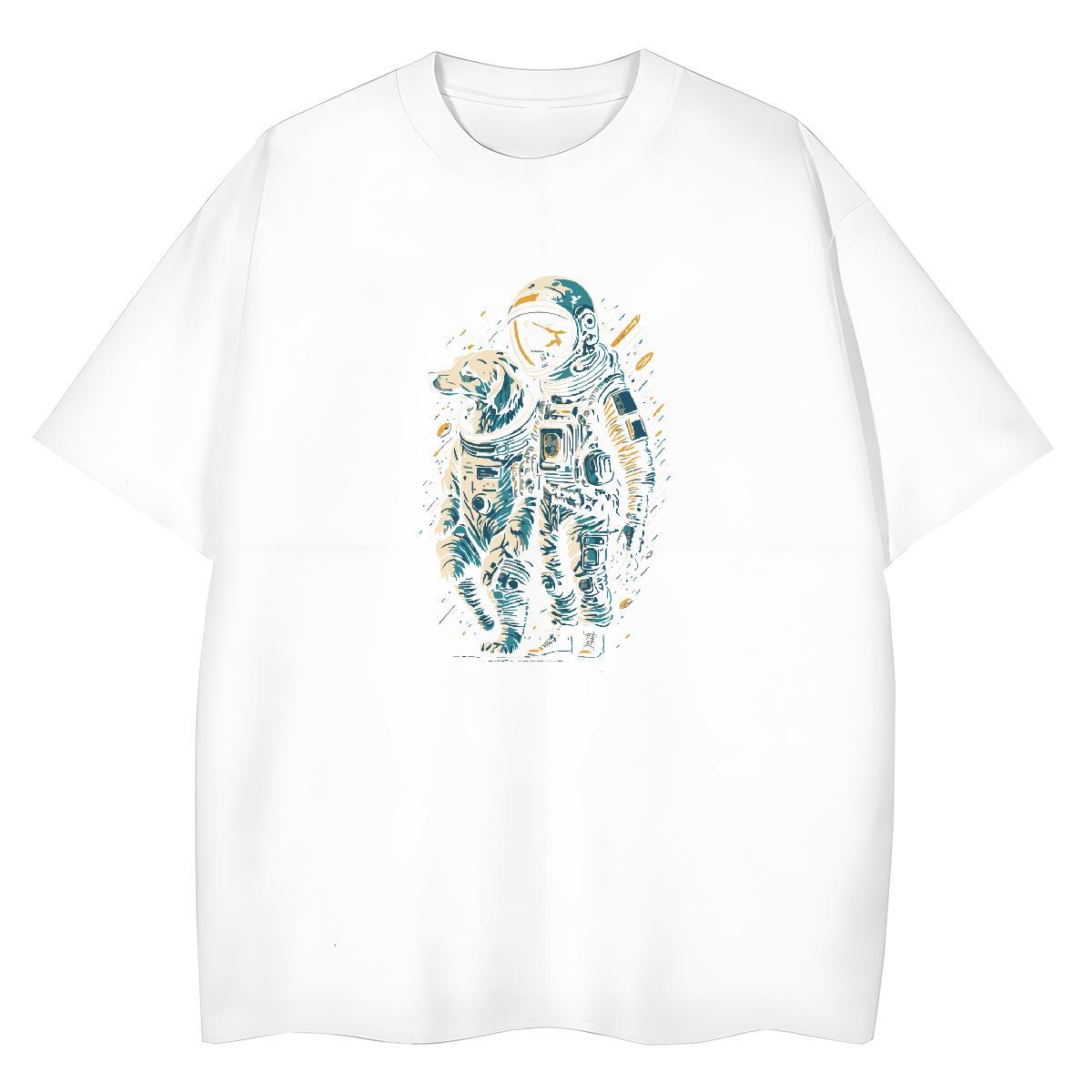 Nice Unisex Tshirts 230g Cotton cosmonaut Summer Casual Woman T Shirts Crew Neck Breathable Cartoon Print Tops Tees