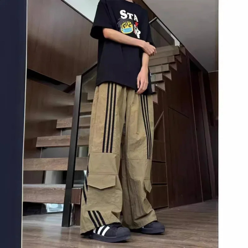 American style retro mens commodity pants summer brown green striped sports three pocket quick drying uniform 240823