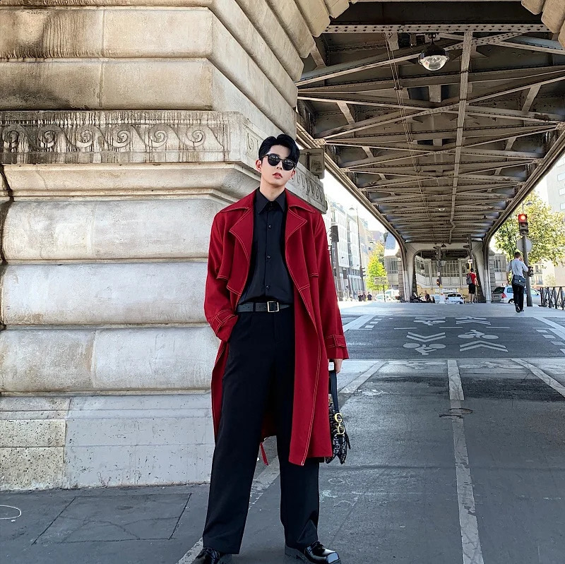Men Loose Casual Long Jacket Trench Coat Outerwear Male Women Vintage Streetwear Hip Hop Red Cardigan Windbreaker Overcoat 240822