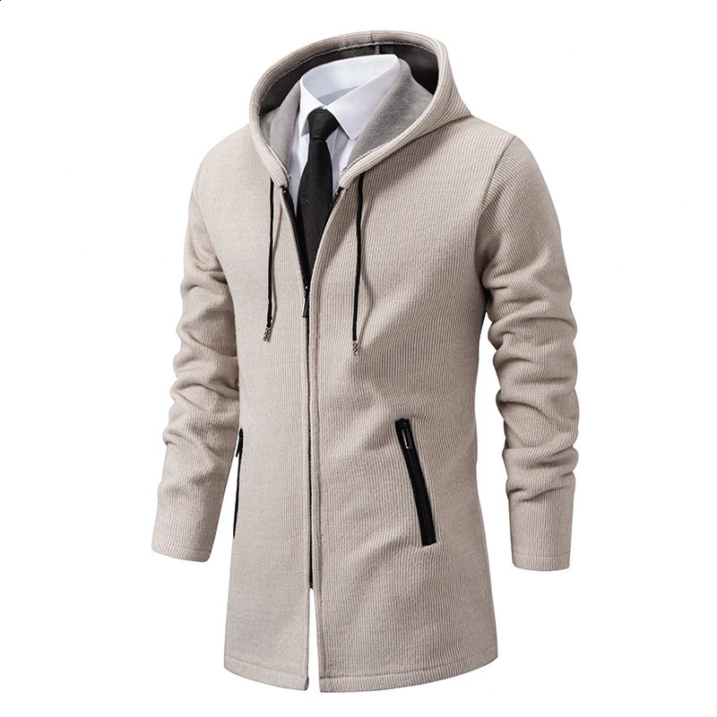 Mens Long Cardigan Full Zip Trench Coat Thick Fleece Hooded Jacket Cardigans Coats Japanese Korean Style Man Clothes 240822
