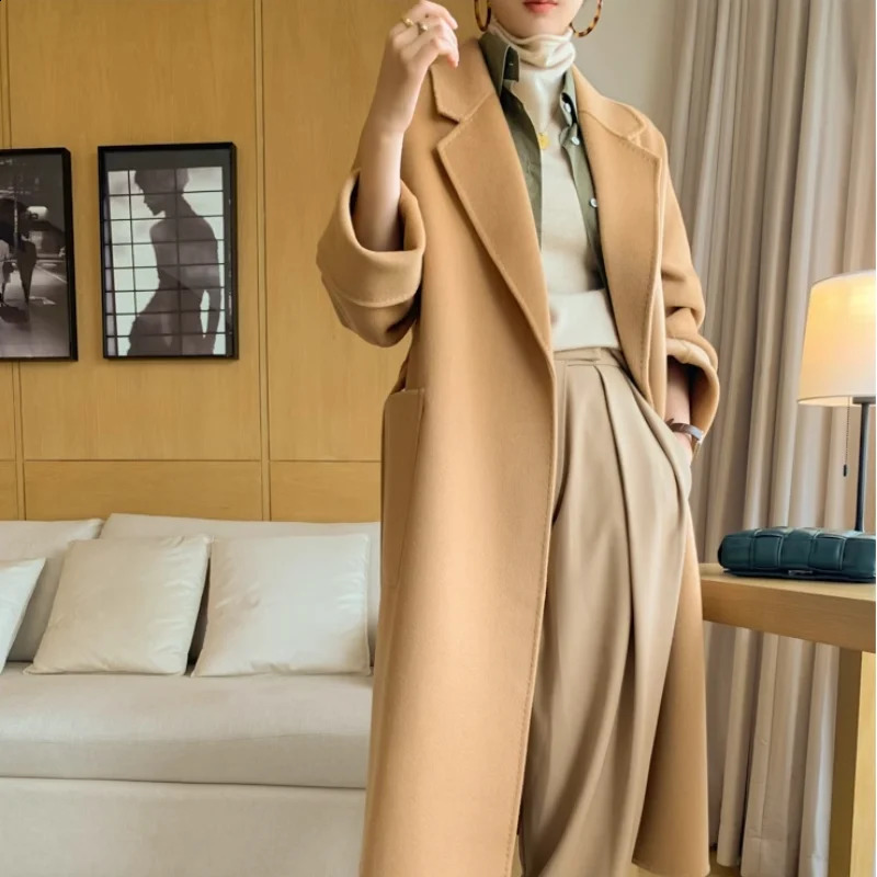 Double-Sided Cashmere Coat For Women In Autumn And Winter High-End Lapel Belt Loose And Long Knee Length Wool Woolen 240822