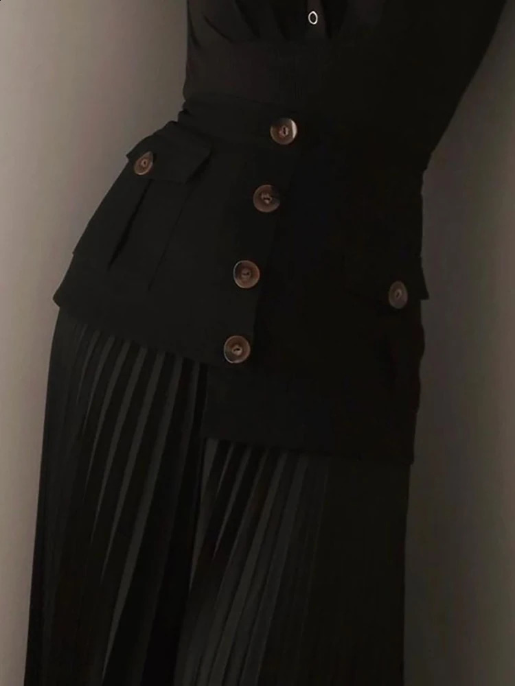 DEAT Fashion Womens Skirt High Waist Spliced Single Breasted Pleated Irregular Solid Color Long Skirts Spring 17A6142 240823