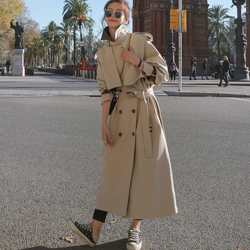 Spring Autumn High-grade Women Mid-length Over The Knee Relaxed Leisure Simple Slim Solid Color Trench Coat 240822