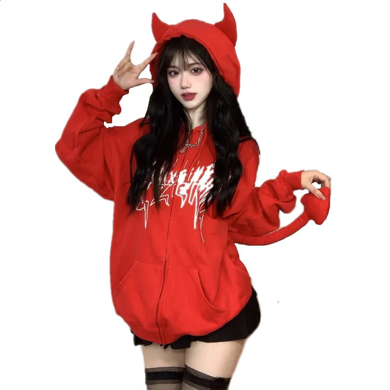 Autumn Harajuku Hoodies Women Gothic Punk Devil Horn Hooded Sweatshirt Halloween Couple Matching Detachable Tail Zip-Up Outwear 240823