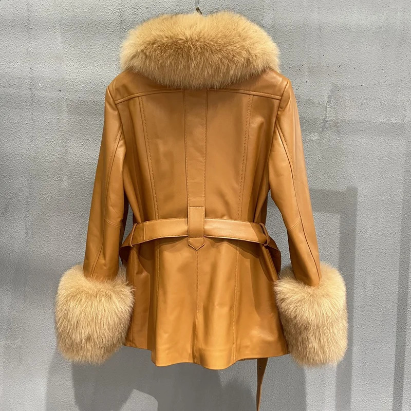 Genuine Leather Winter Jacket For Women With Real Fox Fur Collar And Cuffs