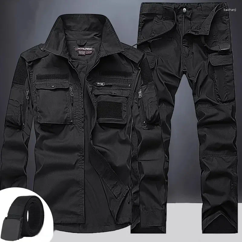 Mens Tracksuits Summer Sets Mens Outdoor Breathable Multiple Pockets Combat Long Sleeve Shirts Cargo Pants Suits Male