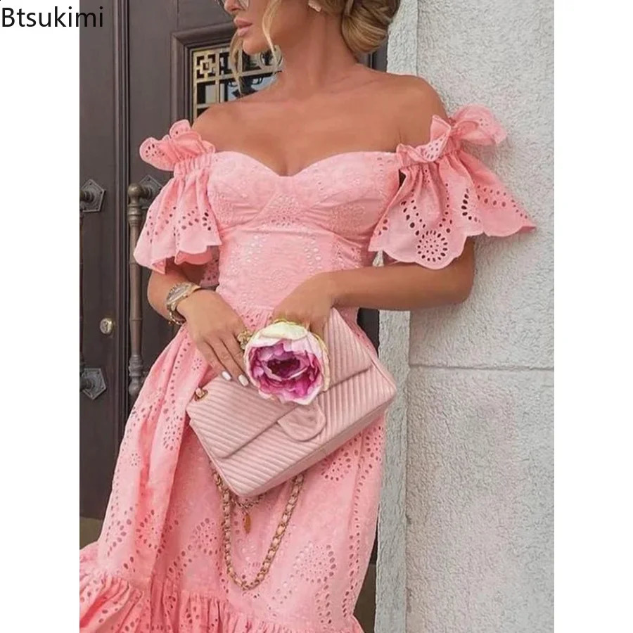 Women Sexy Hollow Out Solid Ruffles Dress Summer Loose Lace Patchwork Casual Dress Elegant Strapless Party Dresses Vestidos 240822