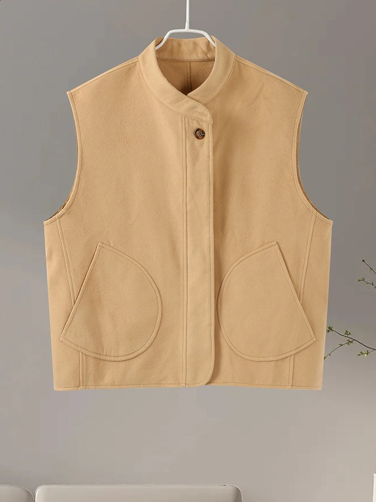 Elegant Khaki Sleeveless Thin Coat Women Loose O-neck Single Breasted Jacket Autumn Fashion All-match Waistcoat Outwear 240822