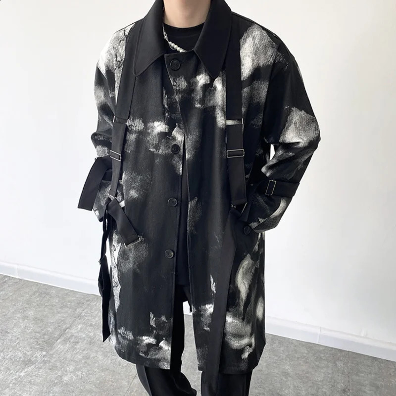 Ink Mens Tie-dye Tie n Trendy Long Coat Autumn Winter Black Single Breast Vintage Streetwear Windbreaker Loose Jacket 240822