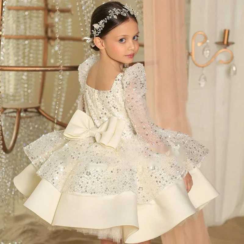 Girl sequin dress princess birthday party wedding picture bow long sleeved fluffy chiffon childrens clothing baby bath W240823