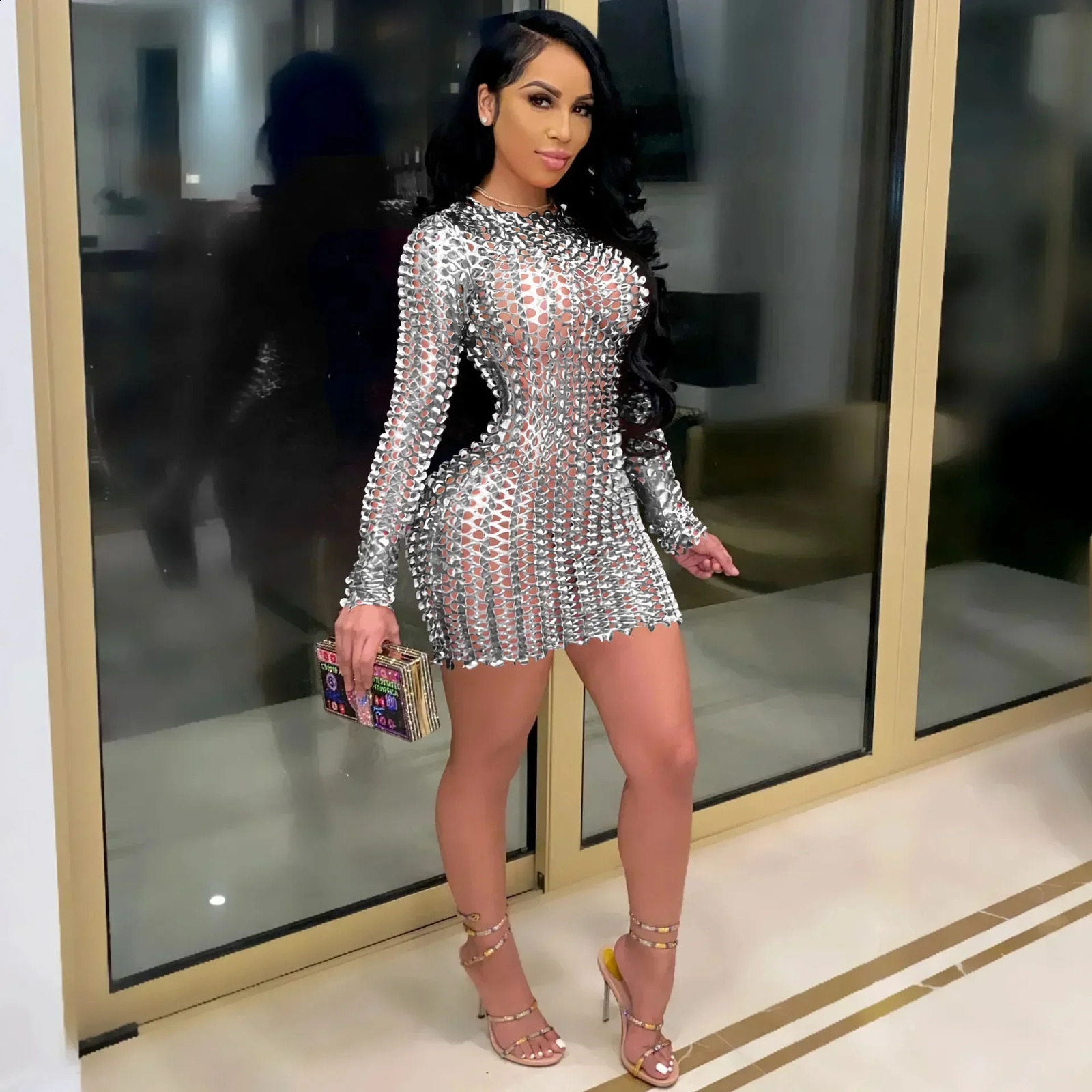 Autumn Sexy Bodycon Hollow Out Dress Silver Diamond Mesh Club Long Sleeve Mini Pencil Party Dress for Women 240823