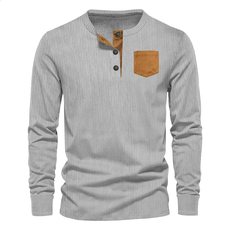 Spring Casual Mens Denim Henley Shirt for European and American Foreign Trade Long Sleeve Patch Bag Tshirt 240823