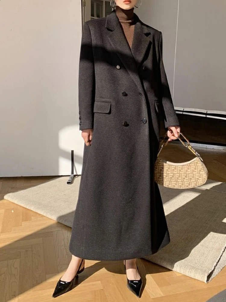 Long Wool Coat Women Elegant Woolen Blazer Jackets Vintage Korean Slim Suit Overcoat Winter Office Lady Casual Outwear 240822