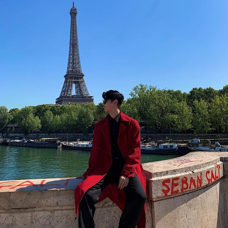 Men Loose Casual Long Jacket Trench Coat Outerwear Male Women Vintage Streetwear Hip Hop Red Cardigan Windbreaker Overcoat 240822