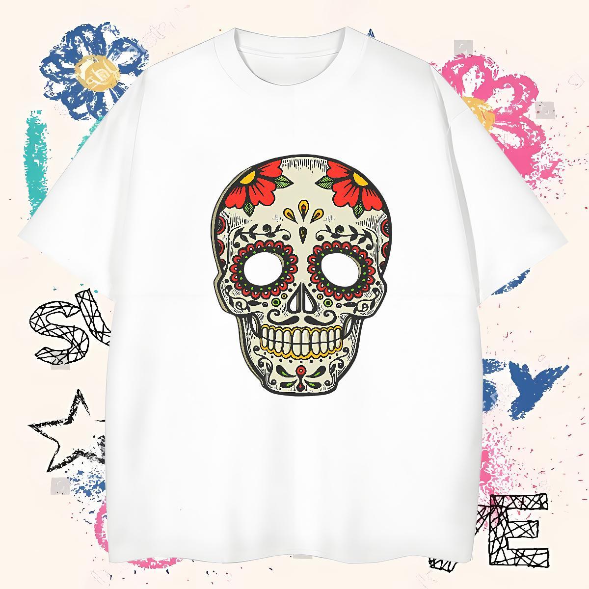 Comfortable Men T Shirts 230g 100% Cotton skull Street Floral Print O Neck Short Sleeves Tshirt for Man Woman 2024 Clothings