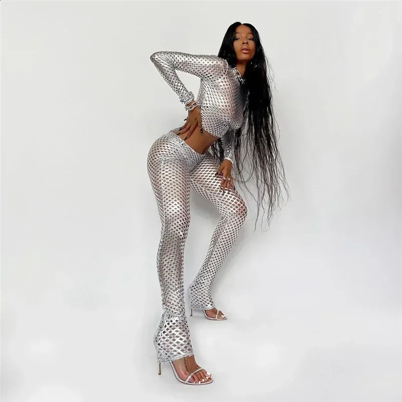Autumn Sexy Bodycon Hollow Out Dress Silver Diamond Mesh Club Long Sleeve Mini Pencil Party Dress for Women 240823