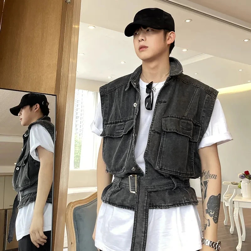 Vintage Sleeveless Cargo Jacket Streetwear Casual Denim Vest Men Fashion Coats Male Waistcoat Loose Clothing Jeans Gilets 240822