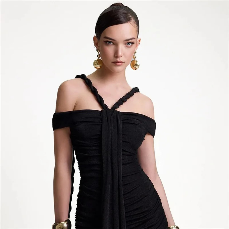 Ruched Ribbon Maxi Dress Women Summer Off Shoulder Short Sleeve Slim Bodycon Vestidos Solid Evening Party Long Robe Clubwear 240823