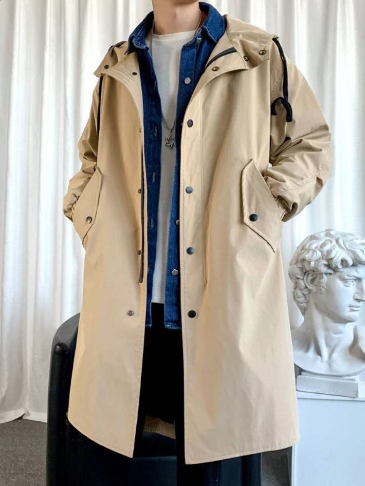 Mafokuwz Autumn Winter Windbreaker Men Long Safari Windbreaker Korean Trend Oversize Casual Coat Trendy Handsome Hooded Jacket 240822