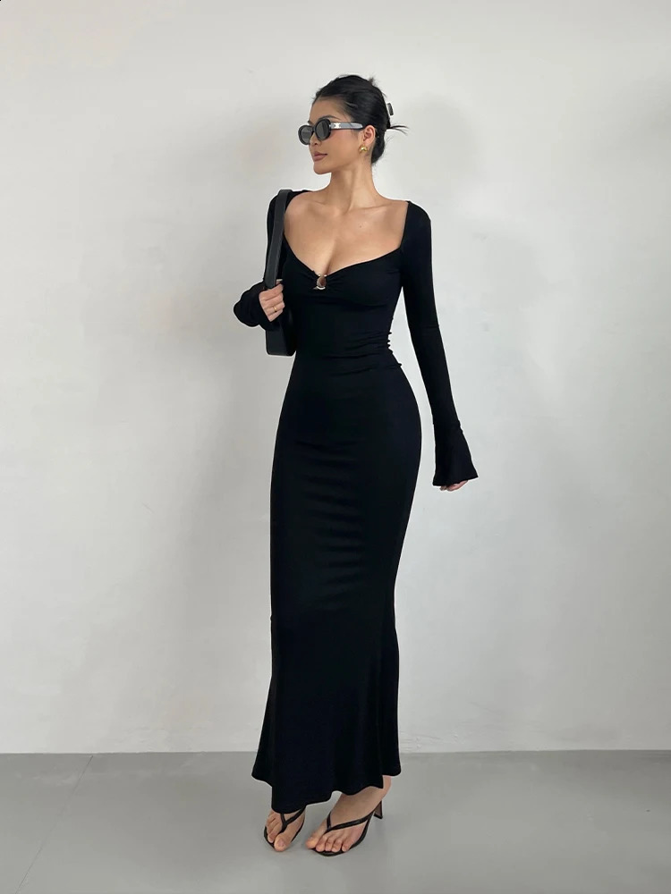 Sexy V-neck Flare Sleeves Dress Elegant For Womens Spring High Waist Slim Split Fish Tail Wrap Hip Long Dress Sweet G7LZ 240823