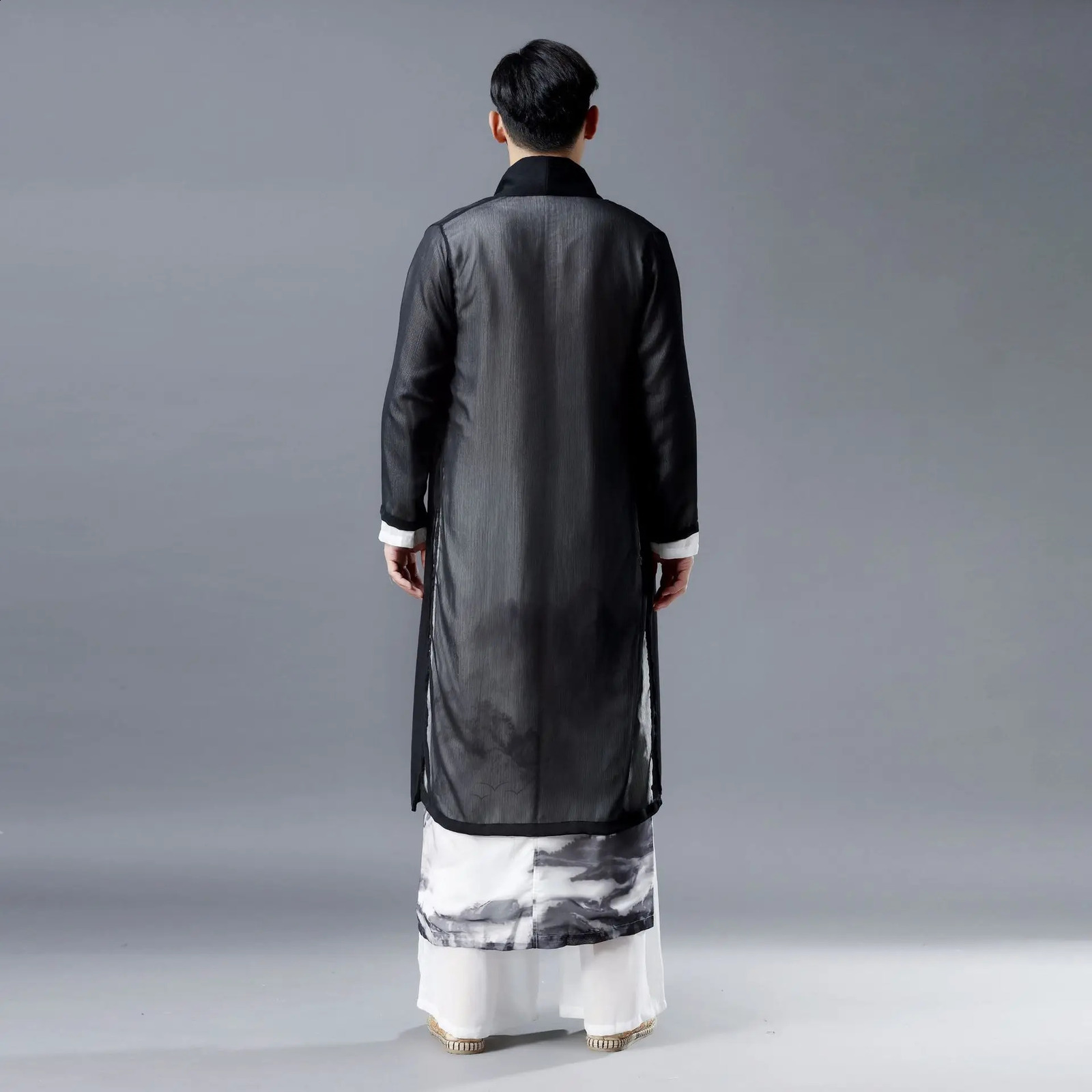 Summer National Style Fashion Chiffon Long Trench Coat Men Side Slit Ultrathin Breathable Black Linen Cardigan Jacket 240822