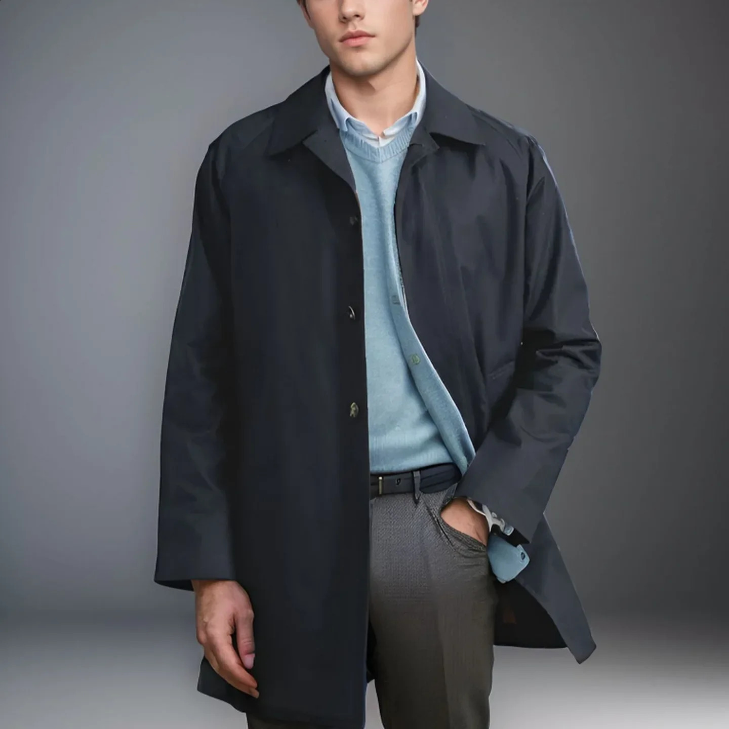 European and American Mens Solid Color Lapel Slim Fit Single-breasted Casual Windbreaker Coat for Spring and Autumn 240822