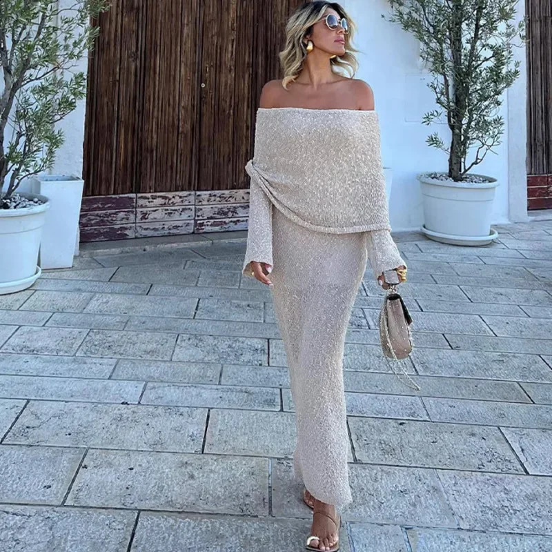 Knitted Slim Sexy See Through Long Dresses Hollow Out Off The Shoulder Maxi Dress Women Summer Lady Beach Vacation Vestidos 240823