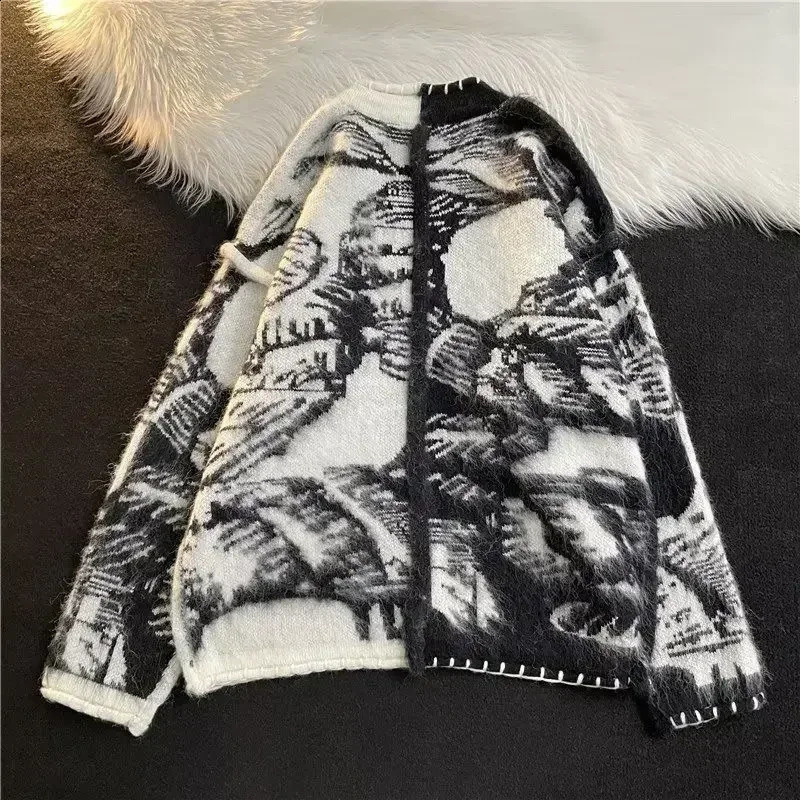Man Clothes Black Y2k Vintage Tie Dye Knitted Sweaters for Men Cardigan V Neck Aesthetic with Pockets Maletry A Winter Fun 240823 - view 3