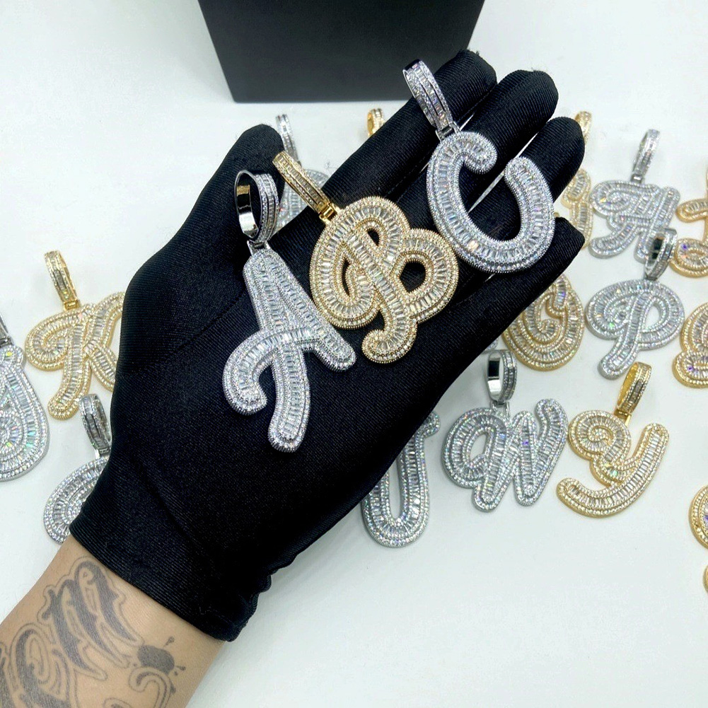 Hip Hop Custom A-Z Cursive Letters Pendant Necklace 5A T Zircon 18k Real Gold Plated Mens Jewelry