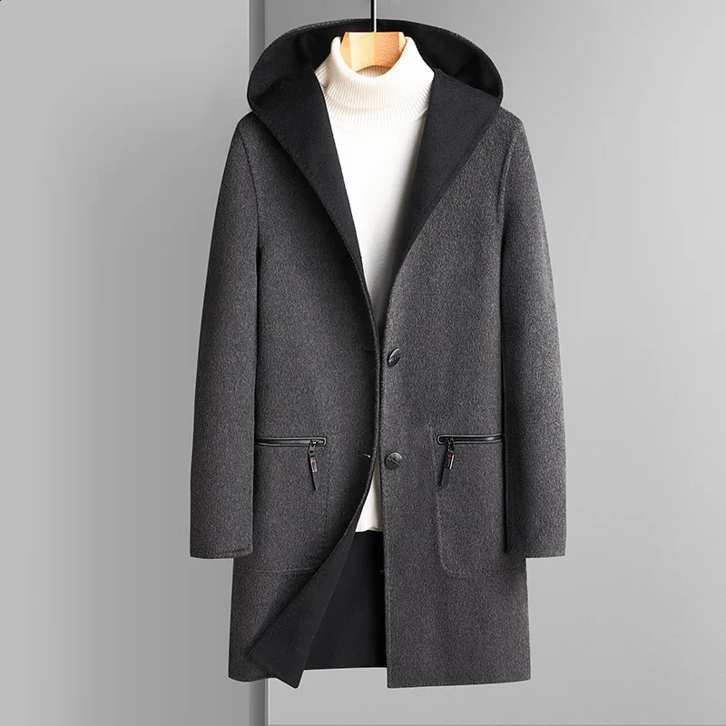 Business Casual Mens Solid Hooded Woolen Coats Autumn Winter Loose Wool Overcoat Outwear Mid-Length Windbreaker Top Jacket 240822